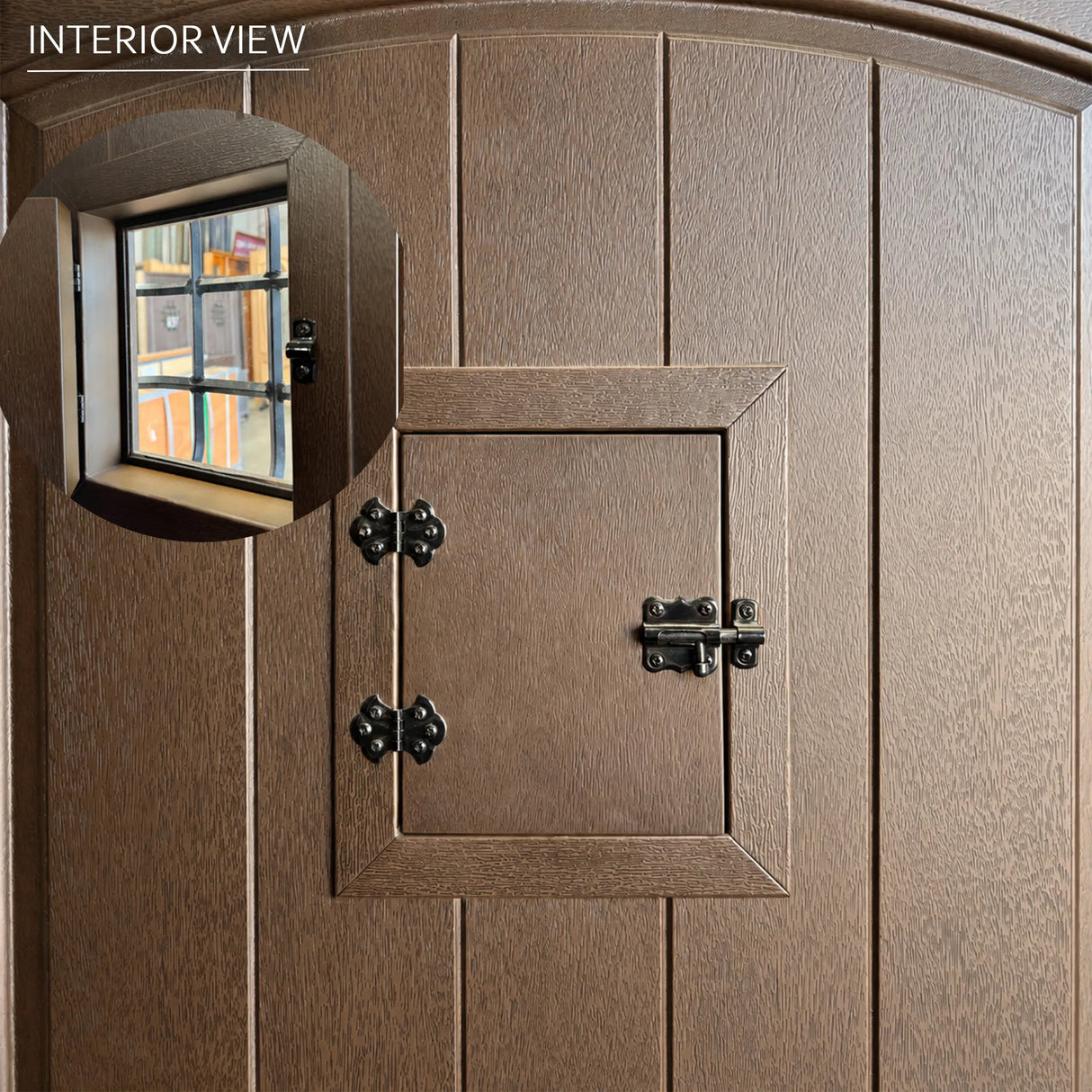 Interior view of fiberglass front entry door showing decorative speakeasy window and insulated construction