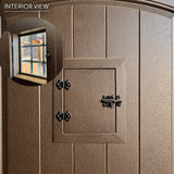 Interior view of fiberglass front entry door showing decorative speakeasy window and insulated construction