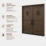 Fiberglass front entry door features and benefits infographic highlighting insulated core, wood grain finish, decorative grille, and prehung design