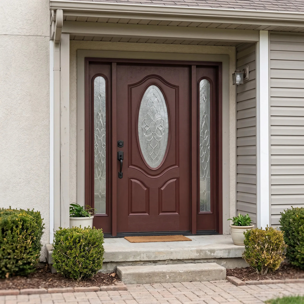 Fiberglass front entry door with one sidelight installed on home exterior featuring decorative oval beveled glass