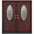 Fiberglass double front entry door with decorative oval beveled glass panels and wood grain finish, front view