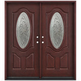 Fiberglass double front entry door with decorative oval beveled glass panels and wood grain finish, front view