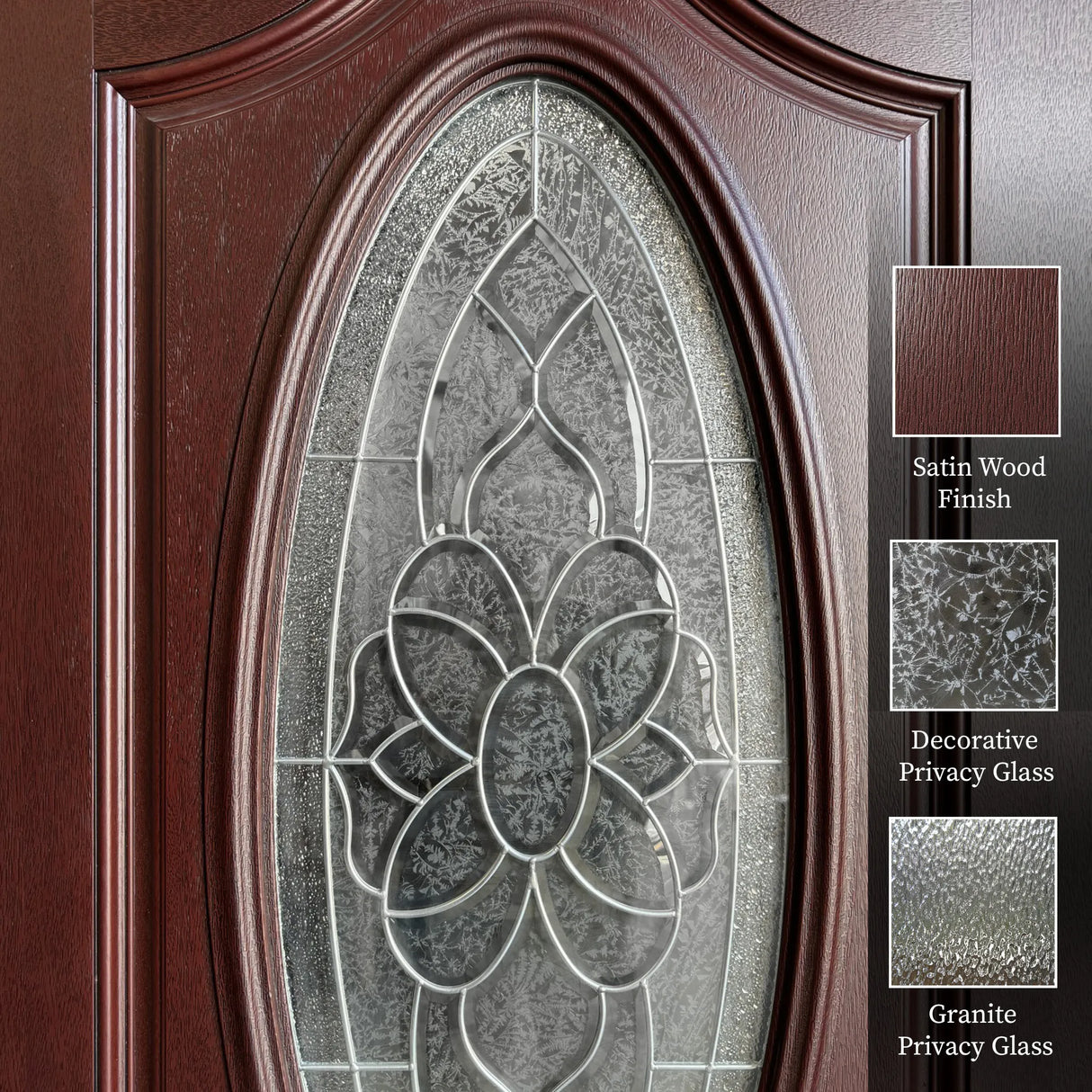 Close-up of decorative oval beveled glass insert on fiberglass front entry door showing privacy glass detail