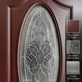 Close-up of decorative oval beveled glass insert on fiberglass front entry door showing privacy glass detail