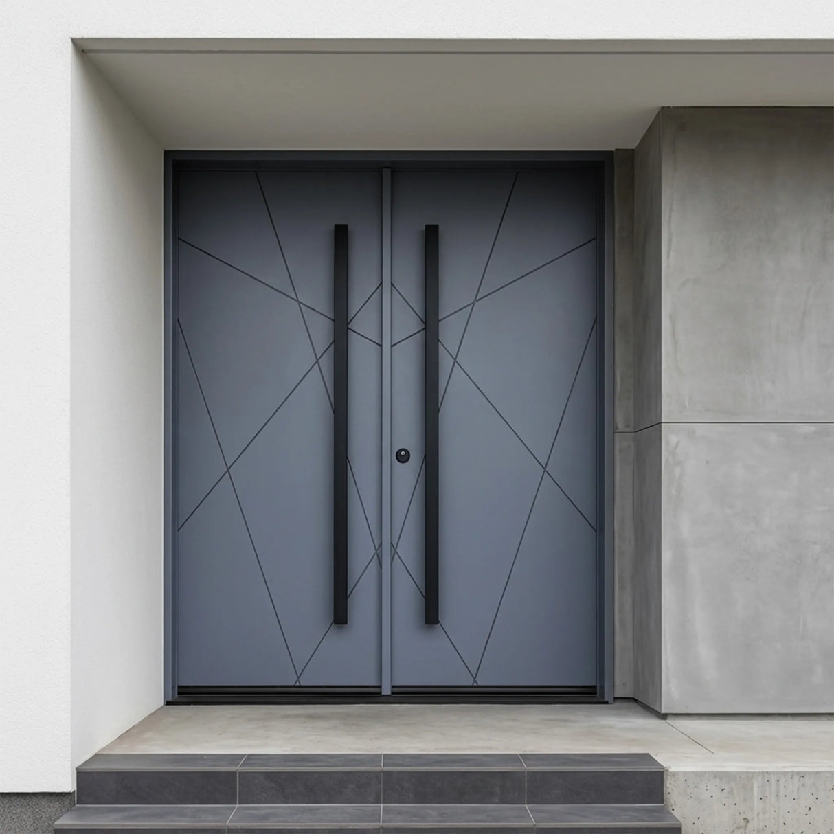 Modern double door with black handles in a neutral setting