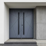 Modern double door with black handles in a neutral setting