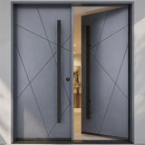 Modern gray door with black handles in an open position