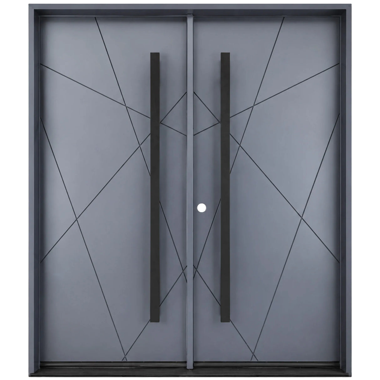 Modern gray door with black handles on a white background