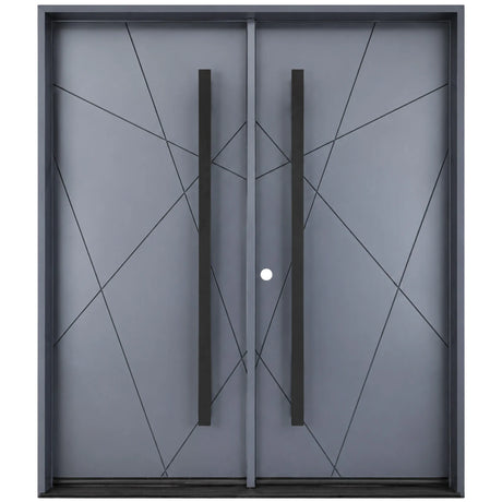 Modern gray door with black handles on a white background