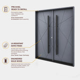 Gray double door with features and benefits text