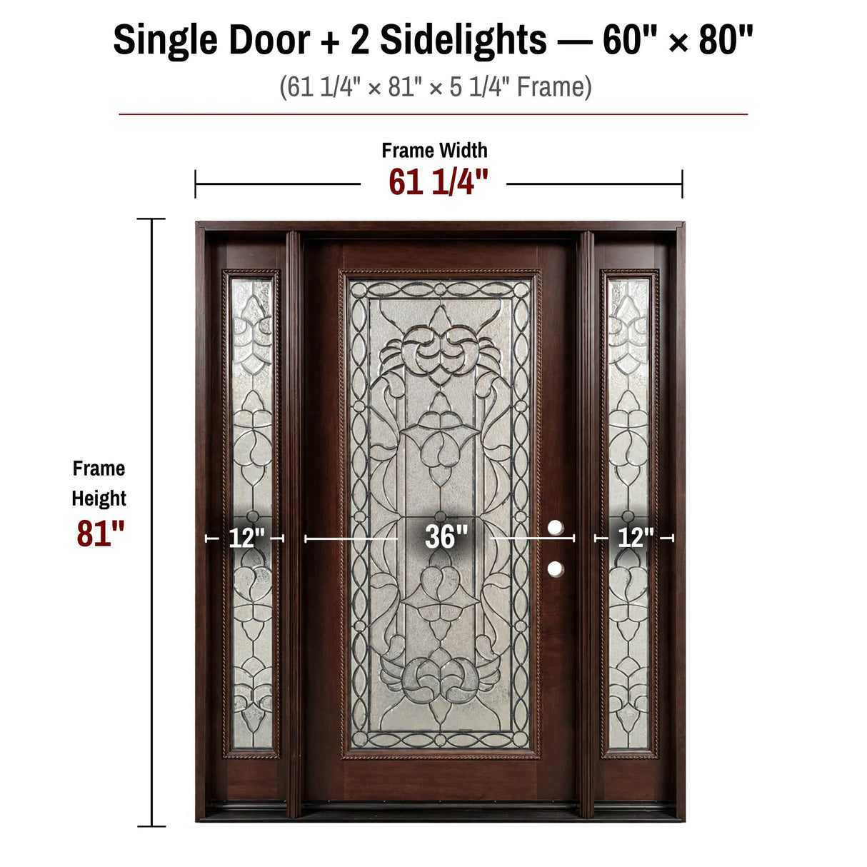 60 x 80 solid wood front entry door with two sidelights dimensions and frame size diagram