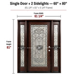 60 x 80 solid wood front entry door with two sidelights dimensions and frame size diagram