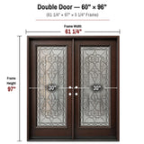 60 x 96 solid wood double front entry door dimensions and frame size diagram