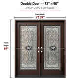 72 x 96 solid wood double front entry door dimensions and frame size diagram