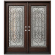 Solid wood double front entry door with decorative wrought iron glass panels and mahogany finish, front view