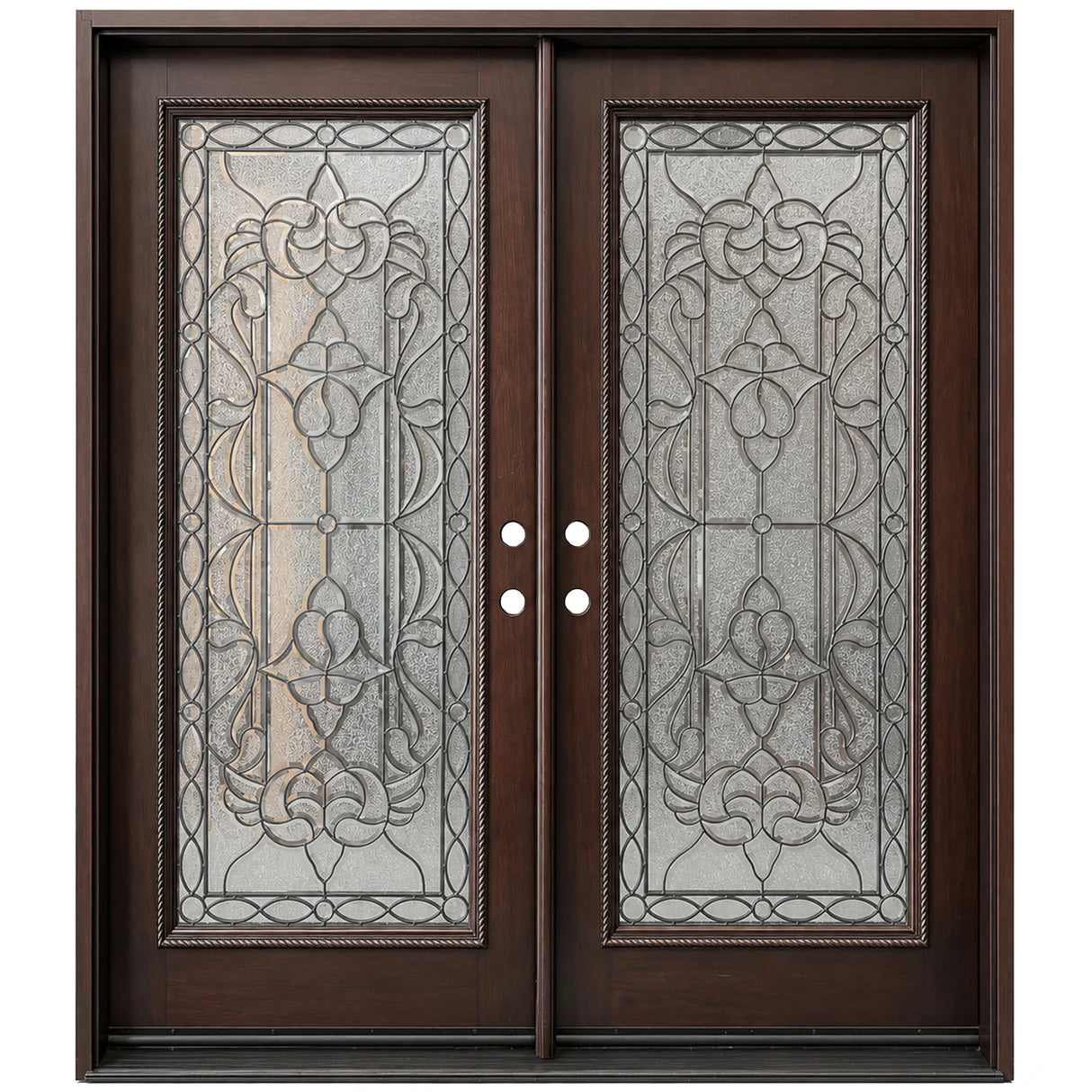 Solid wood double front entry door with decorative wrought iron glass panels and mahogany finish, front view
