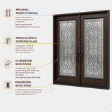 Solid wood front entry door features and benefits infographic highlighting mahogany construction, decorative wrought iron glass, and prehung design