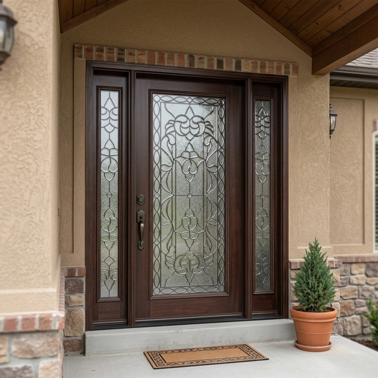 Solid wood front entry door with one sidelight installed on home exterior featuring decorative wrought iron glass