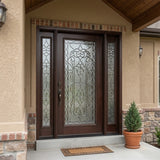 Solid wood front entry door with one sidelight installed on home exterior featuring decorative wrought iron glass
