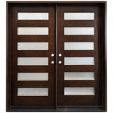 Modern solid wood double front entry door with horizontal frosted glass panels, front view