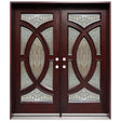 Solid wood double front entry door with decorative oval beveled glass panels and mahogany finish, front view
