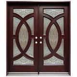 Solid wood double front entry door with decorative oval beveled glass panels and mahogany finish, front view
