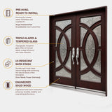 Solid wood front entry door features and benefits infographic highlighting mahogany construction, decorative beveled glass, and prehung design