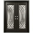 Iron double front entry door with decorative patterned glass and black finish, front view