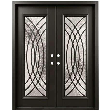 Iron double front entry door with decorative patterned glass and black finish, front view