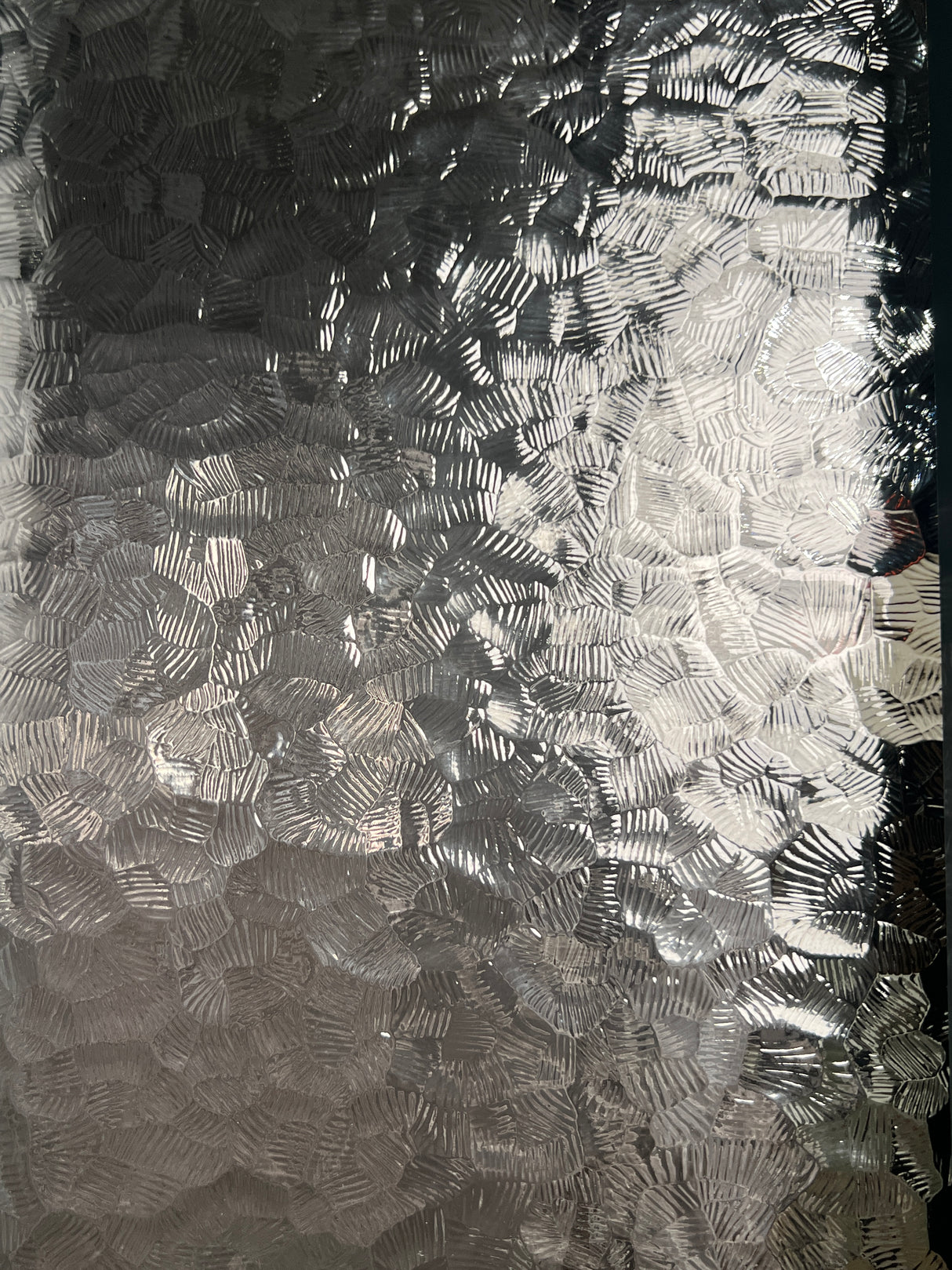 Detailed view of textured privacy glass on iron double front entry door