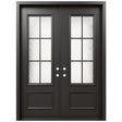 Iron double front entry door with textured glass panels and black grid design, front view