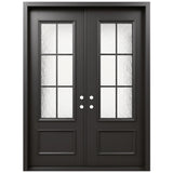 Iron double front entry door with textured glass panels and black grid design, front view