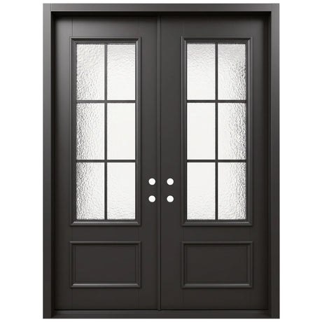 Iron double front entry door with textured glass panels and black grid design, front view