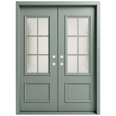 Iron double front entry door with textured privacy glass panels and grid design, front view
