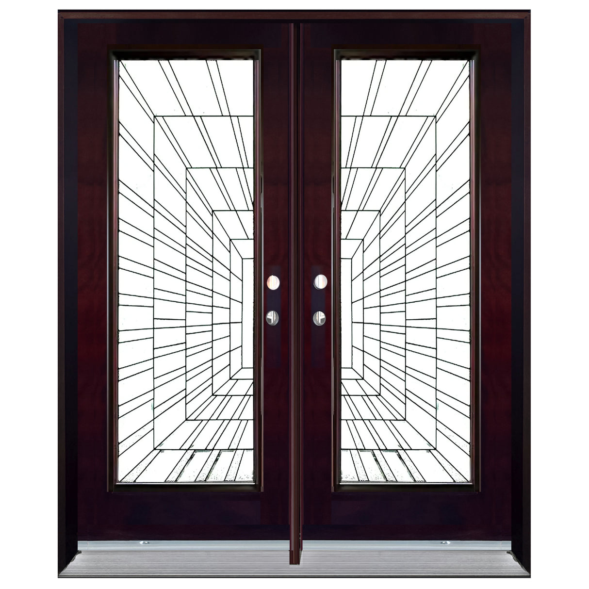 Double front entry door with decorative glass panels and classic design, straight-on exterior view