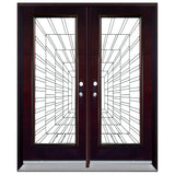 Double front entry door with decorative glass panels and classic design, straight-on exterior view