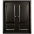 Black iron double front entry door with four raised solid panels, traditional design, front view