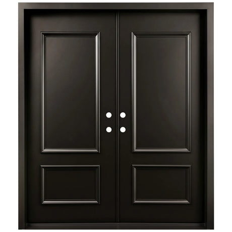 Black iron double front entry door with four raised solid panels, traditional design, front view