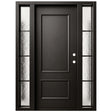 Black iron single front entry door with two textured glass sidelights, front view