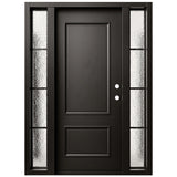 Black iron single front entry door with two textured glass sidelights, front view