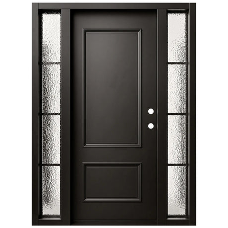 Black iron single front entry door with two textured glass sidelights, front view