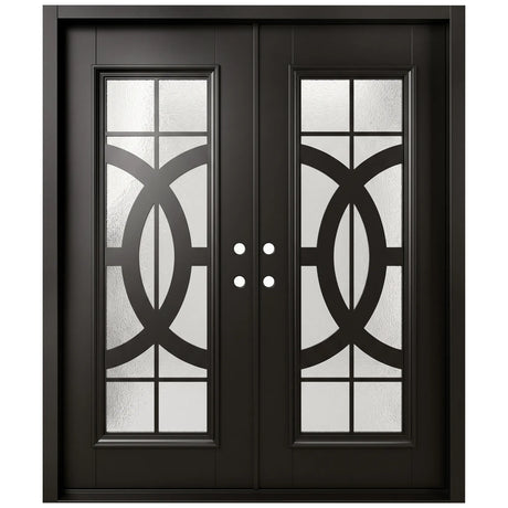 Black iron double front entry door with textured glass and decorative curved iron grille, front view
