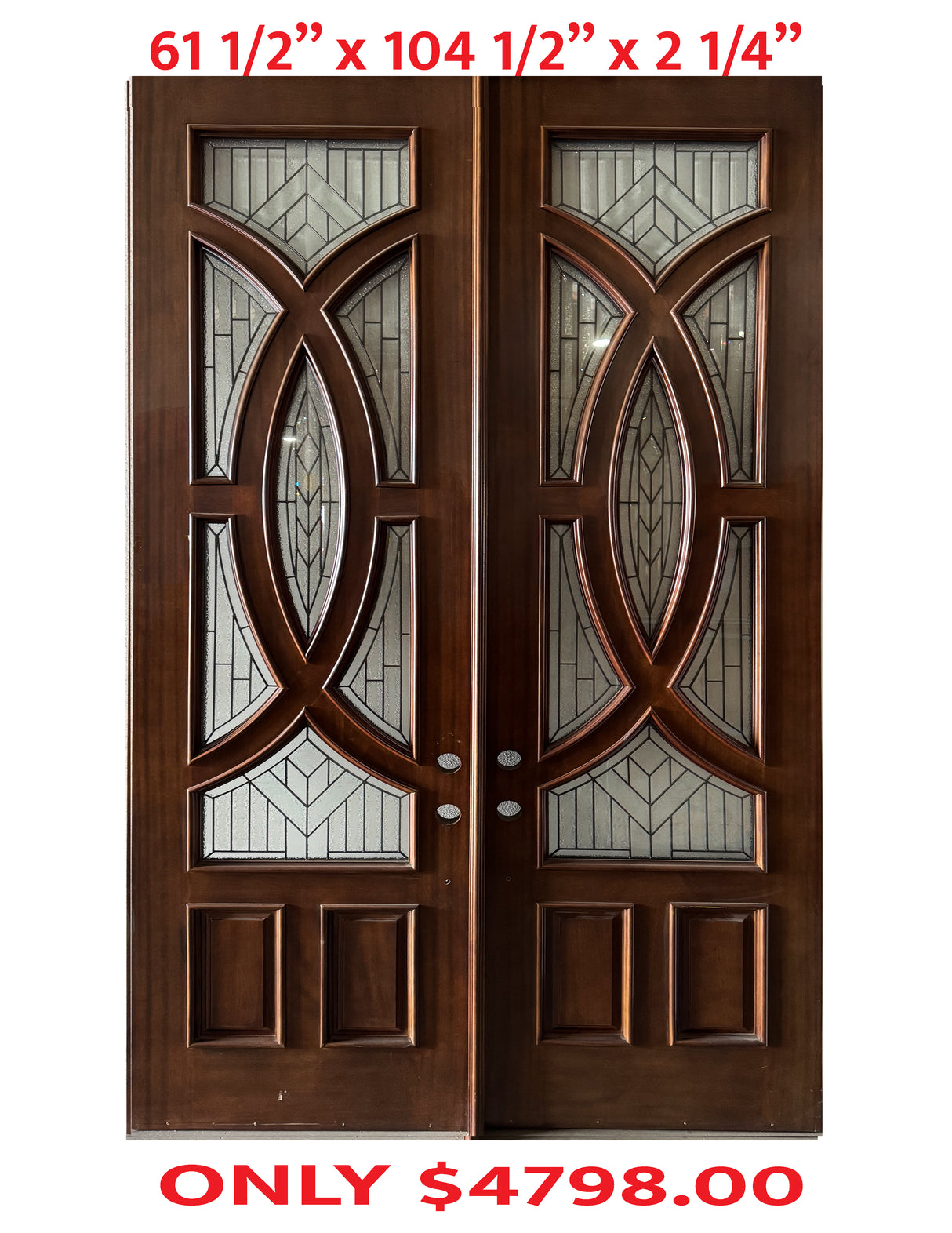 A pair of exterior wooden double doors with decorative glass panels