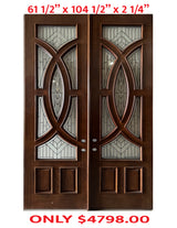 A pair of exterior wooden double doors with decorative glass panels