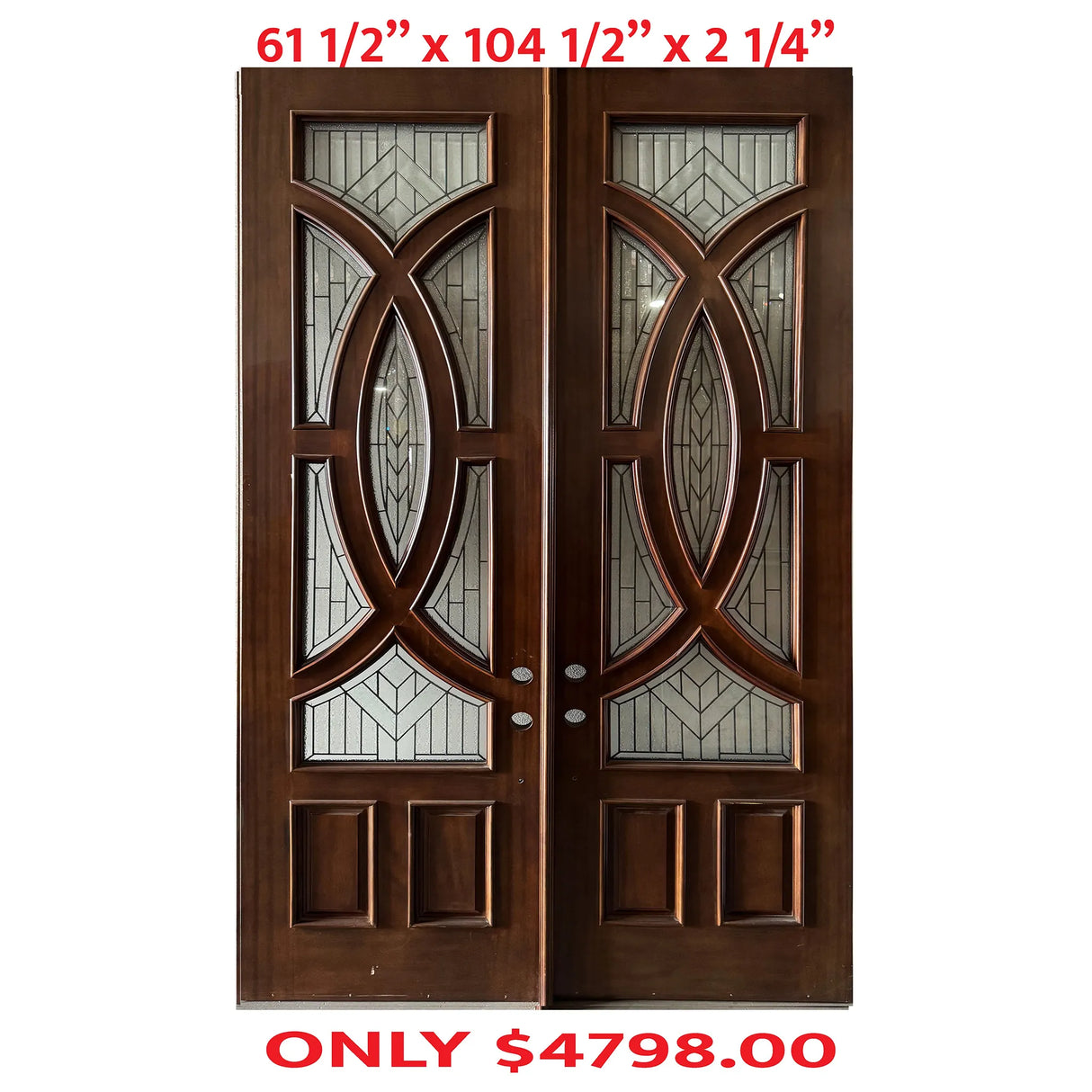 A pair of exterior wooden double doors with decorative glass panels