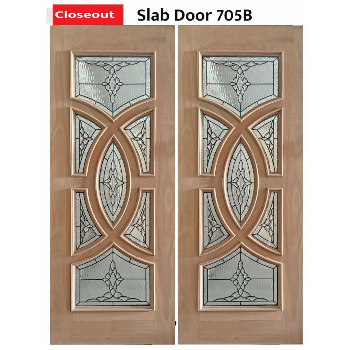 Exterior solid wood slab entry doors with decorative glass design, front view
