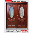 Wooden door with decorative glass panels on a white background closeout