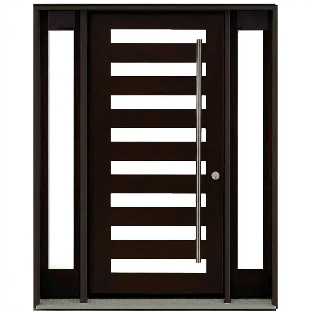 Modern brown wood door with frosted glass and metal handle