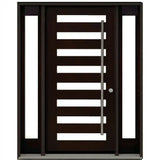 Modern brown wood door with frosted glass and metal handle