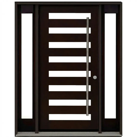 Modern brown wood door with frosted glass and metal handle
